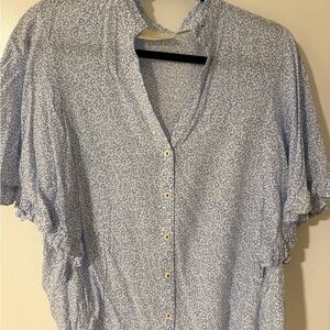 Anthropologie White and Blue Patterned Blouse